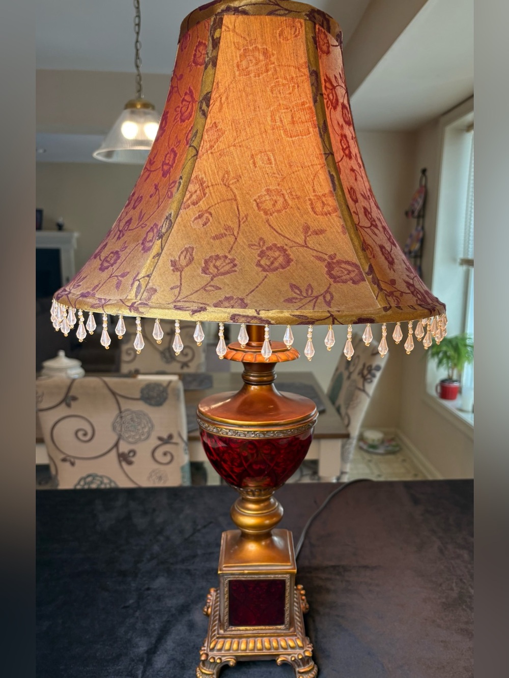 Decorative Red and Gold Table Lamp with Beaded Shade - Picture 2 of 15
